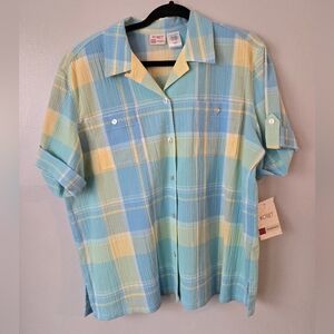 NWT Koret Womens Blue Yellow Plaid Button Front Shirt Short Sleeve Pastel Top